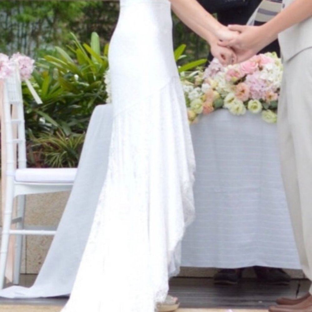 Size 8 Bridal Wedding Gown Dress Sleeveless High-Low Hem, Clarissa, Train Bustle